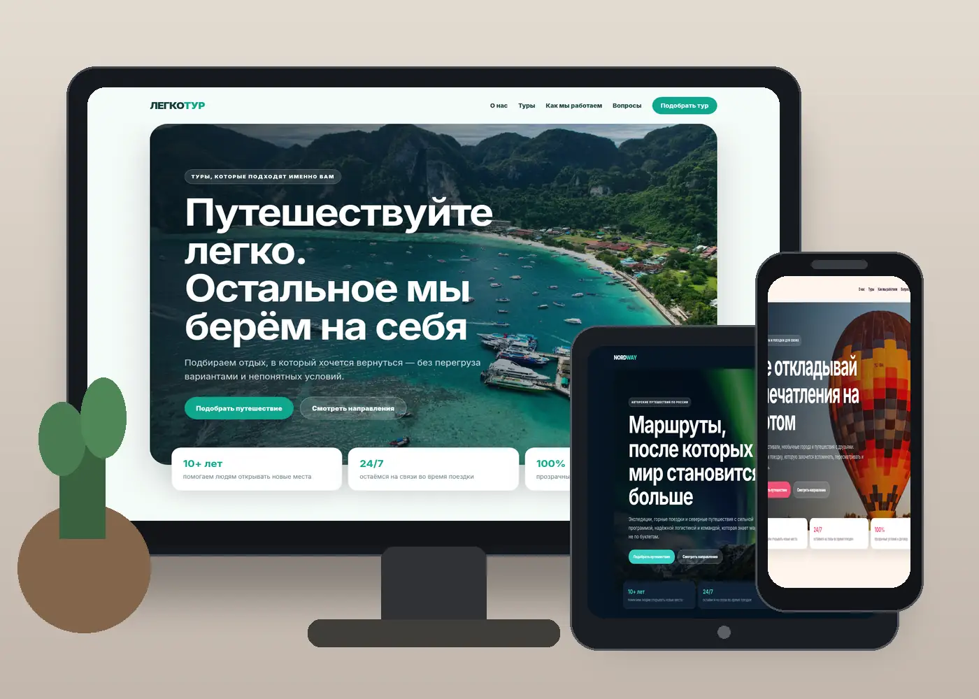 Готовые сайты для туристического бизнеса на компьютере, планшете и телефоне