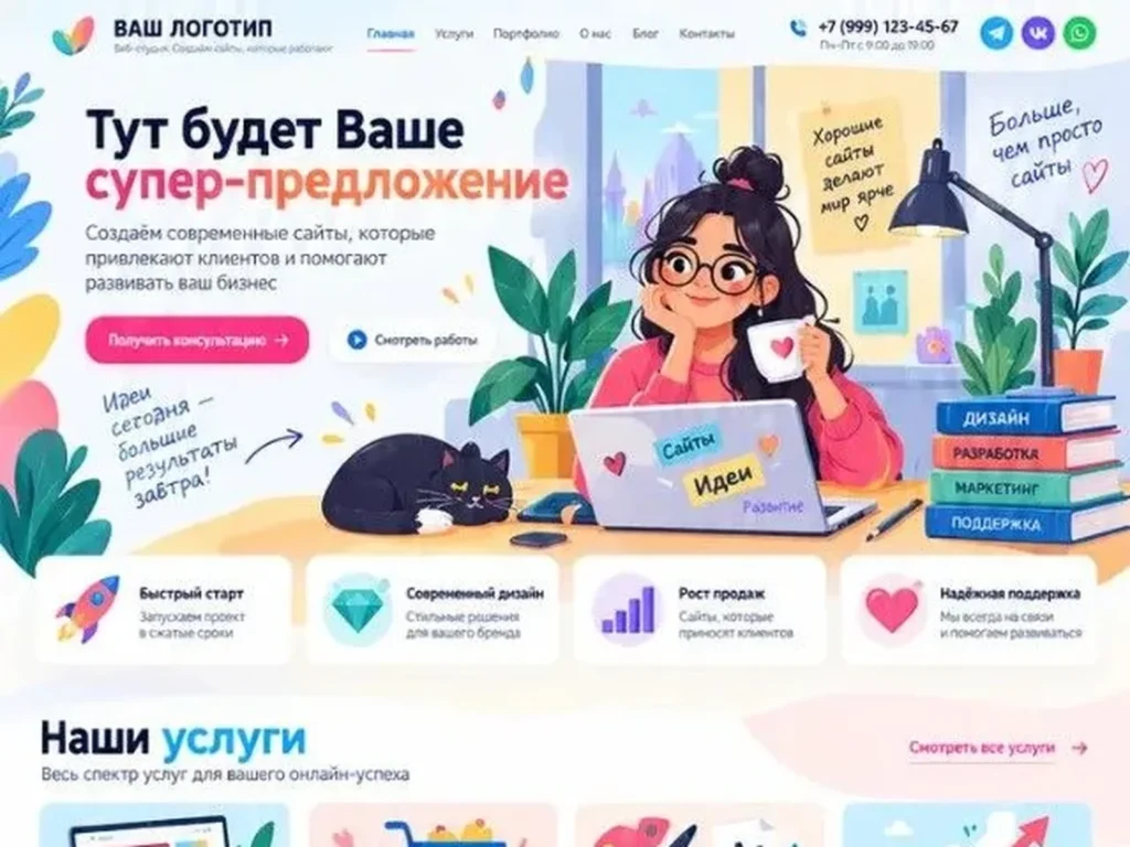 Универсальный рисованный шаблон сайта — превью первого экрана