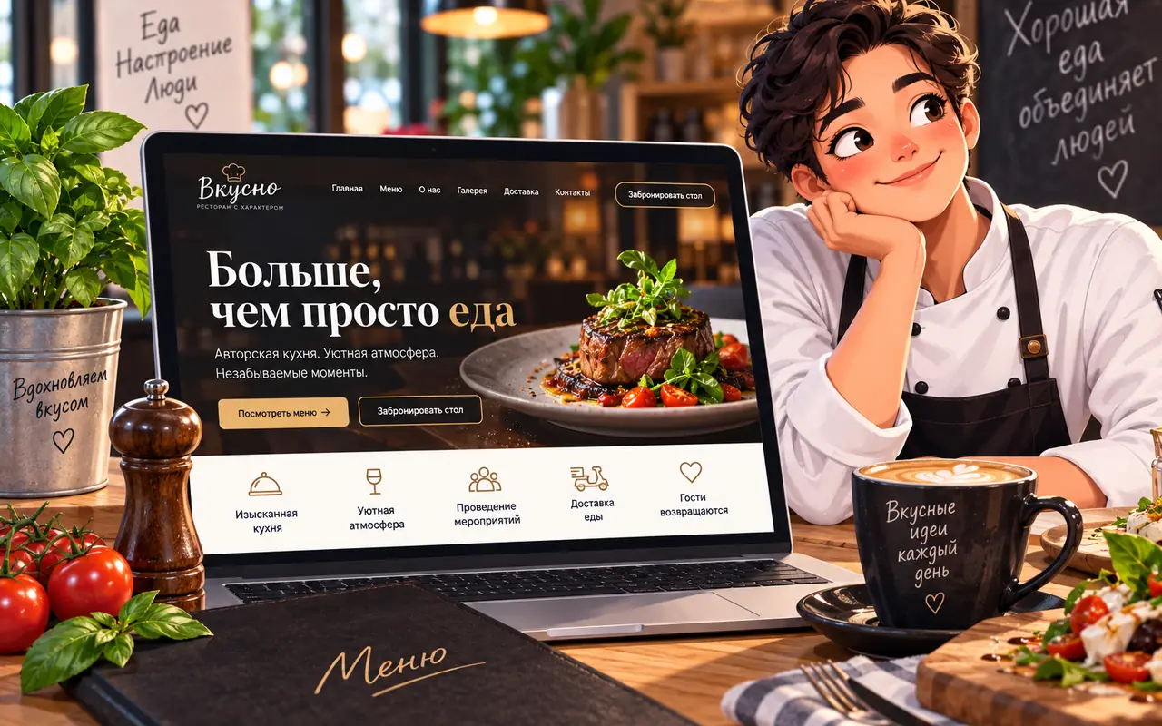 Сайт ресторана с авторской кухней на экране ноутбука