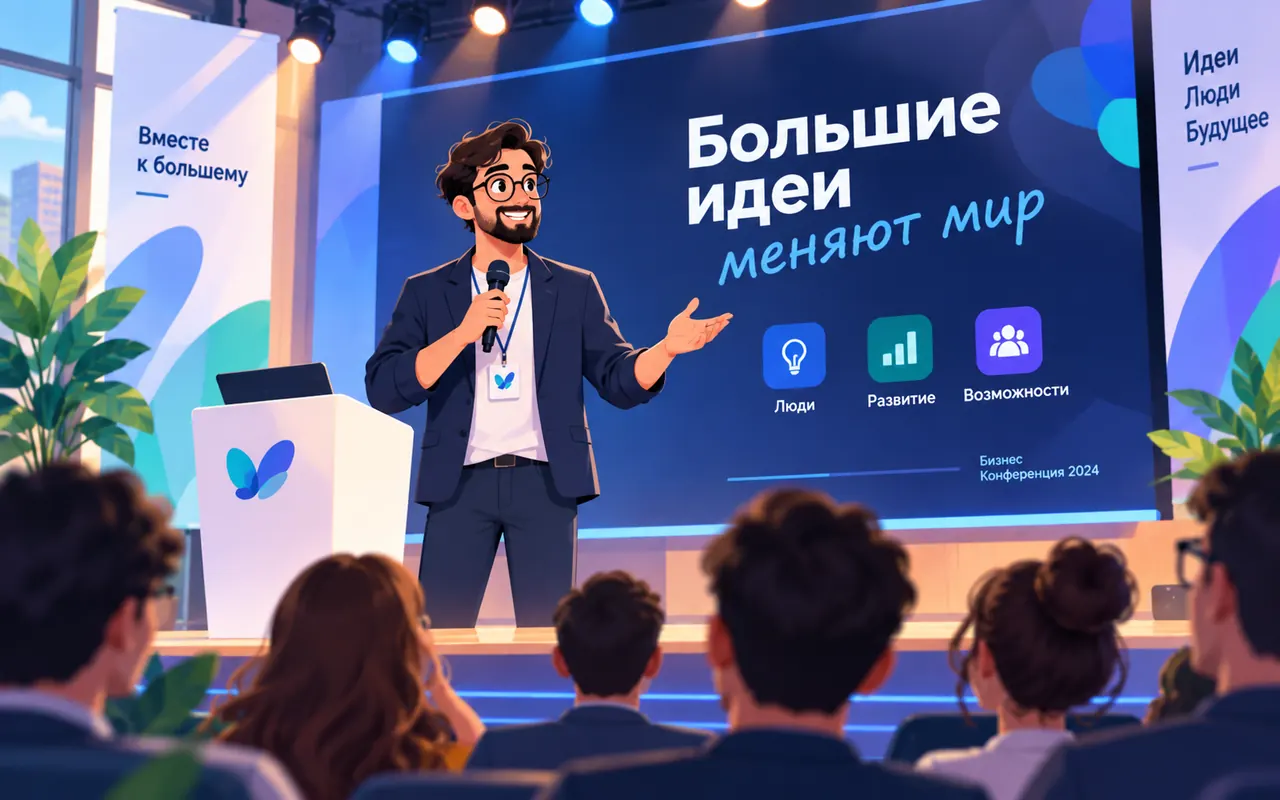 Лендинг делового мероприятия со спикером на сцене