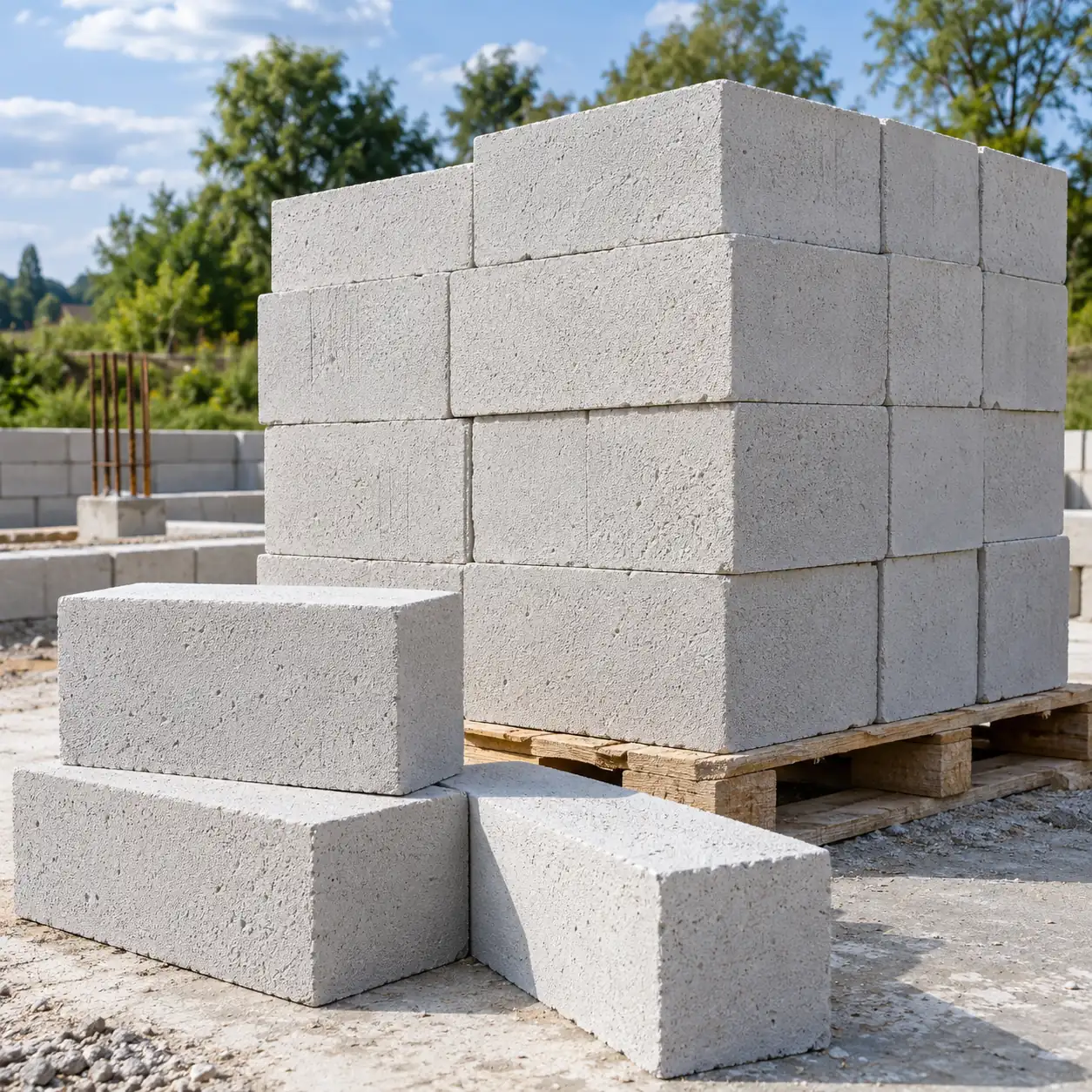 Светлые газобетонные блоки на строительной площадке